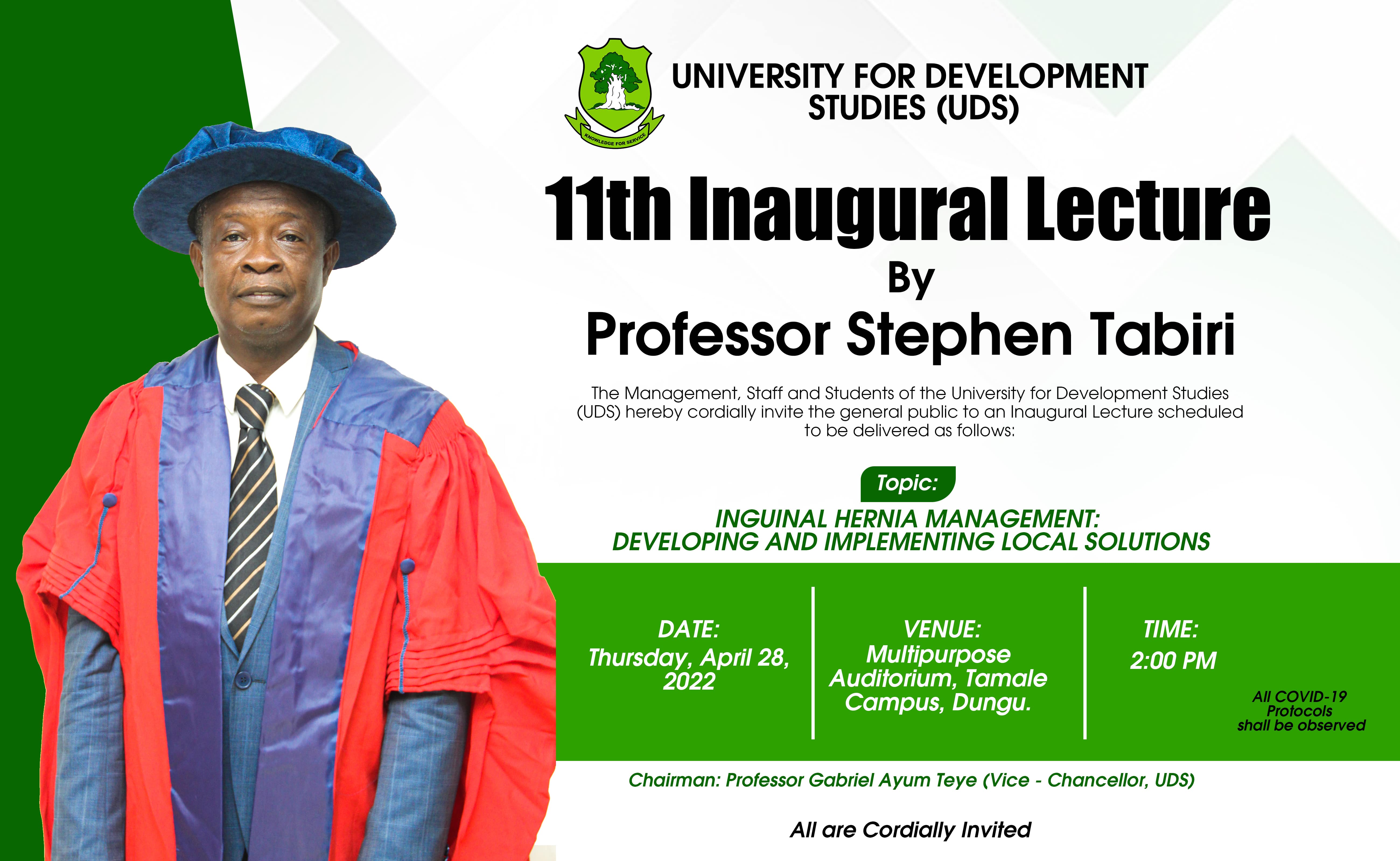 Professor Stephen Tabiri Set to Deliver 11th Inaugural Lecture