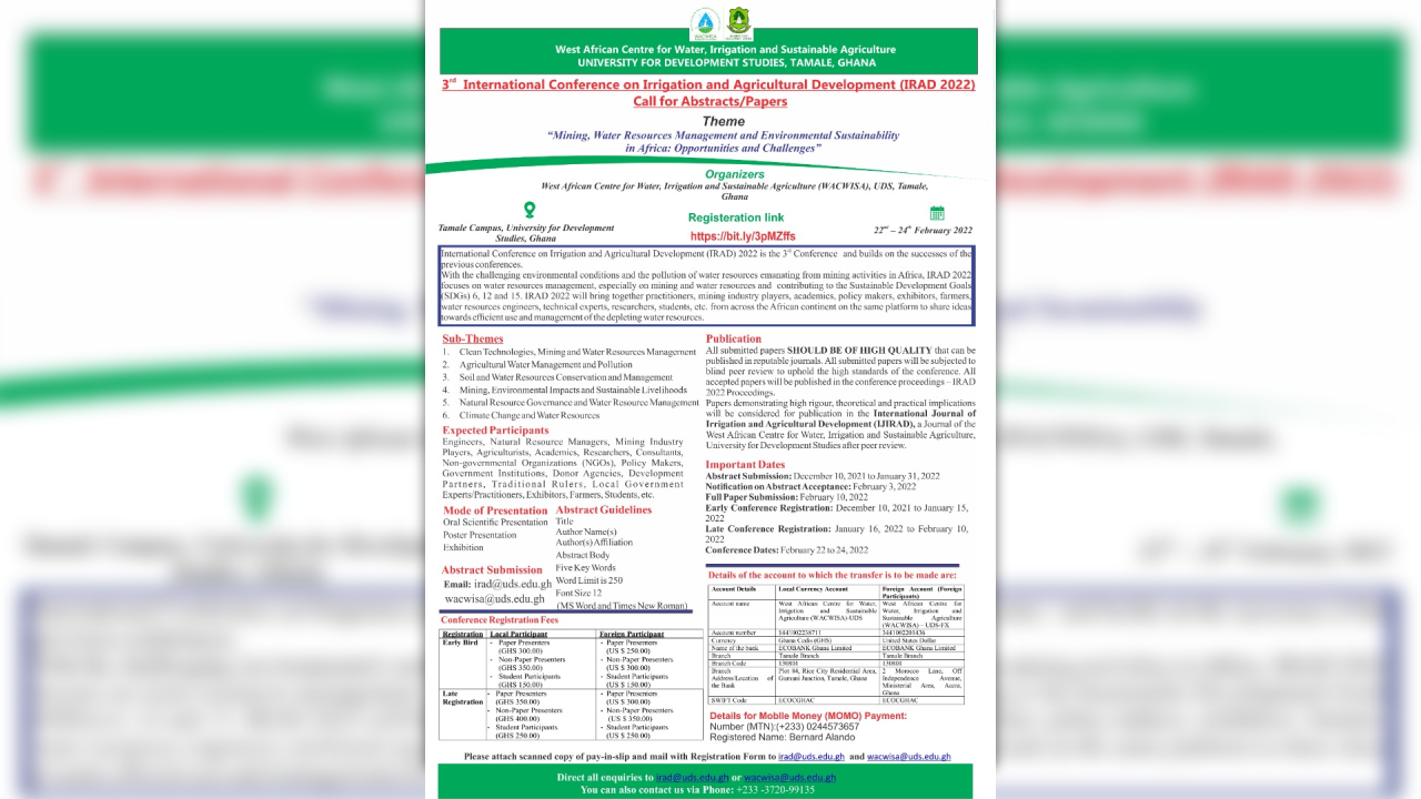 IRAD 2022: Call for Papers/Abstracts - WACISA-UDS
